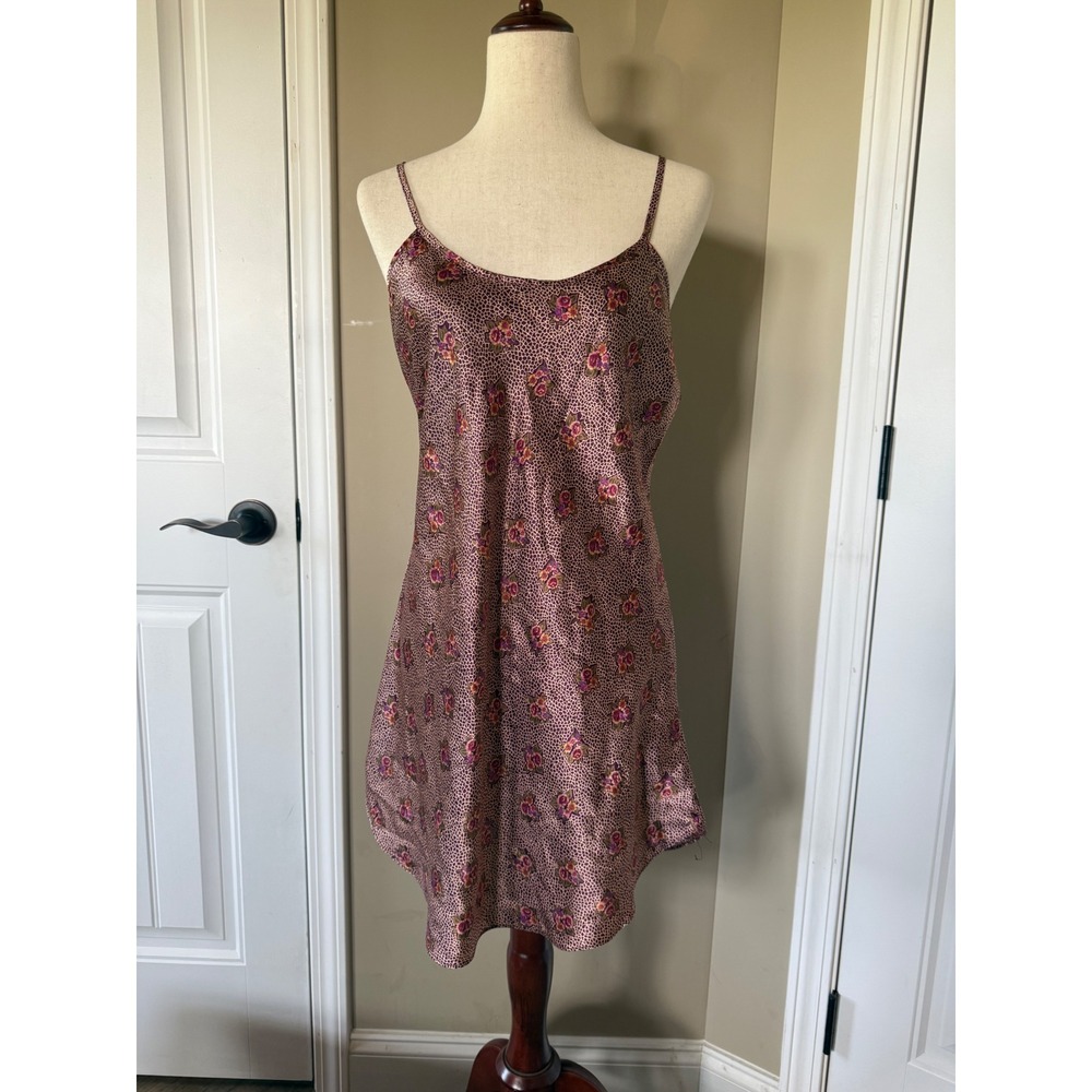 Kathryn Vintage Satin Chemise Nightgown Leopard Floral Print Slip Dress Medium